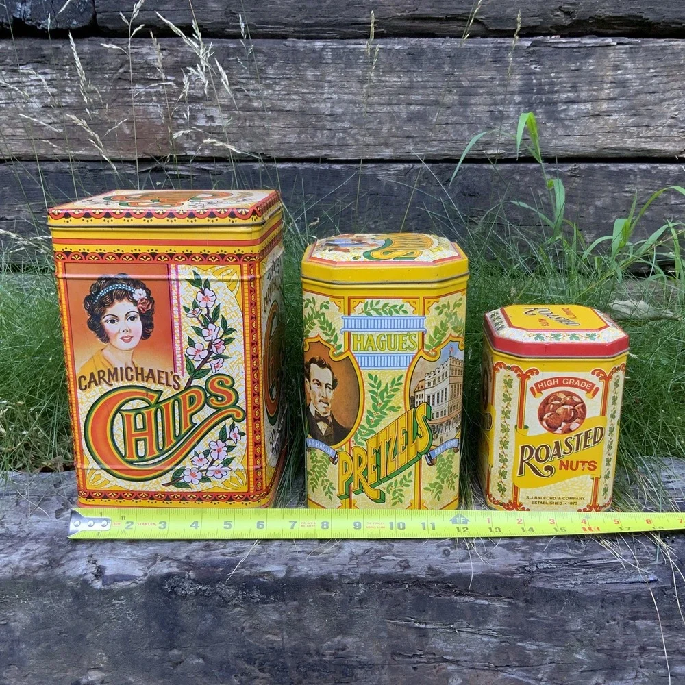 Tin Canister Trio Carmichaels Chips Hague's Pretzels Radfords Nuts England Retro